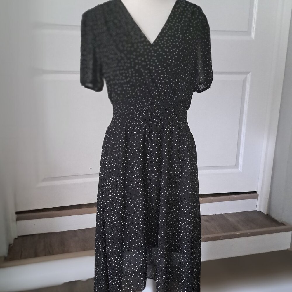 FASHION Polka Dots  V-Neck Midi Short Sleeve Boho High Low Hem Dress Sz M NWT